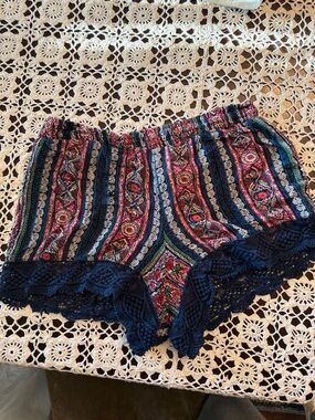 Angie Multicolor Paisley Stripe Shorts with Navy Crochet Hem
